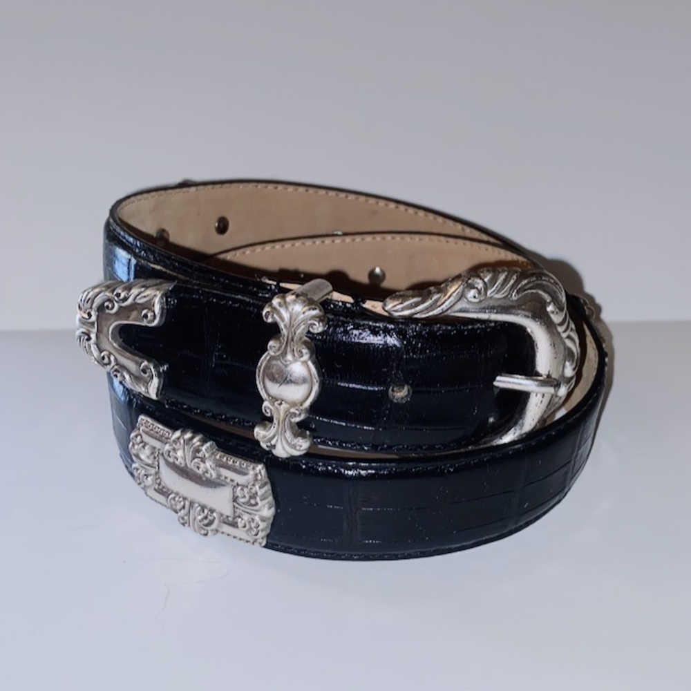 Enmon Black and Silver Italian Leather Belt